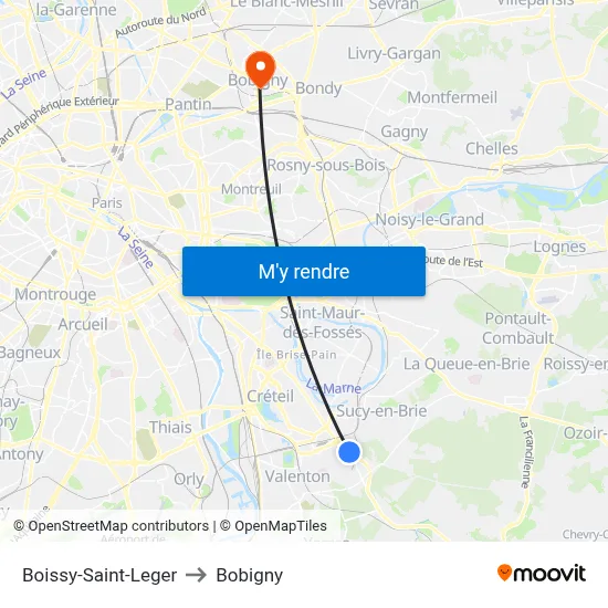 Boissy-Saint-Leger to Bobigny map