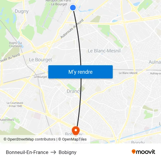 Bonneuil-En-France to Bobigny map