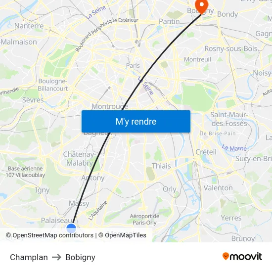 Champlan to Bobigny map