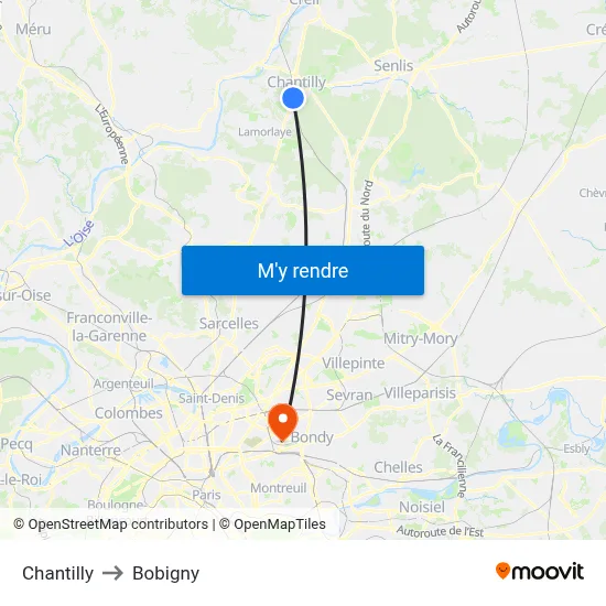 Chantilly to Bobigny map