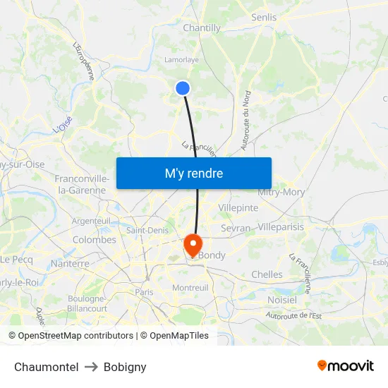 Chaumontel to Bobigny map