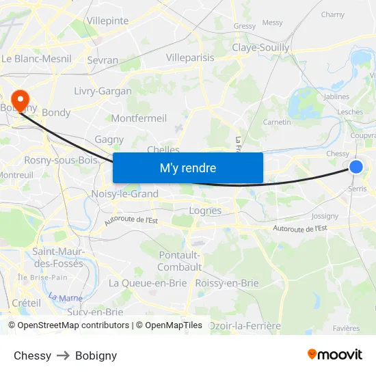 Chessy to Bobigny map