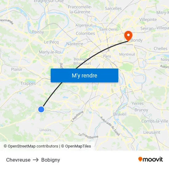 Chevreuse to Bobigny map