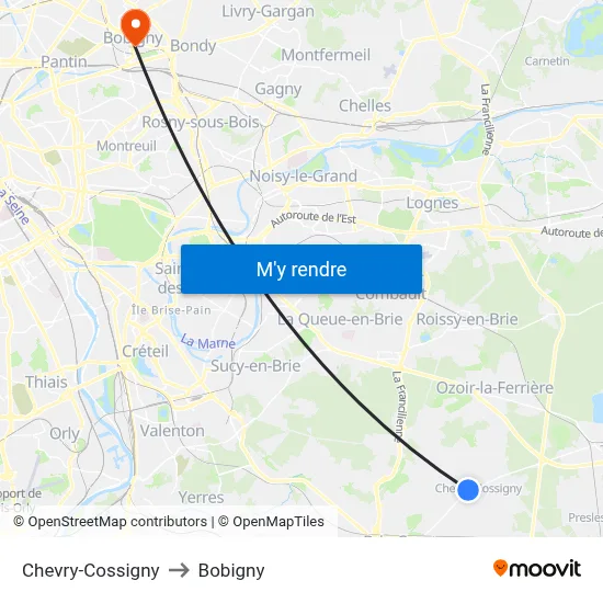 Chevry-Cossigny to Bobigny map