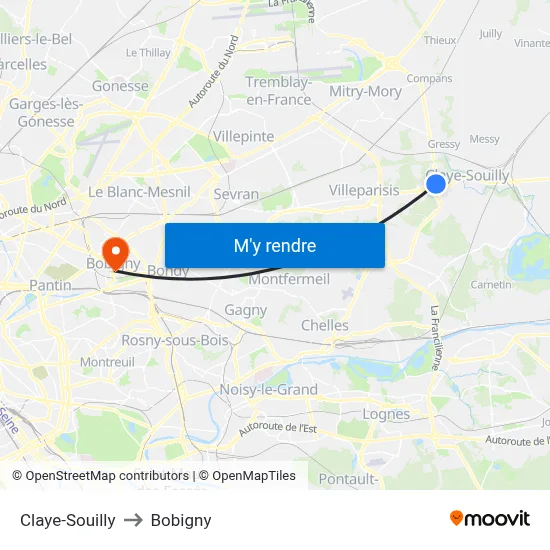 Claye-Souilly to Bobigny map