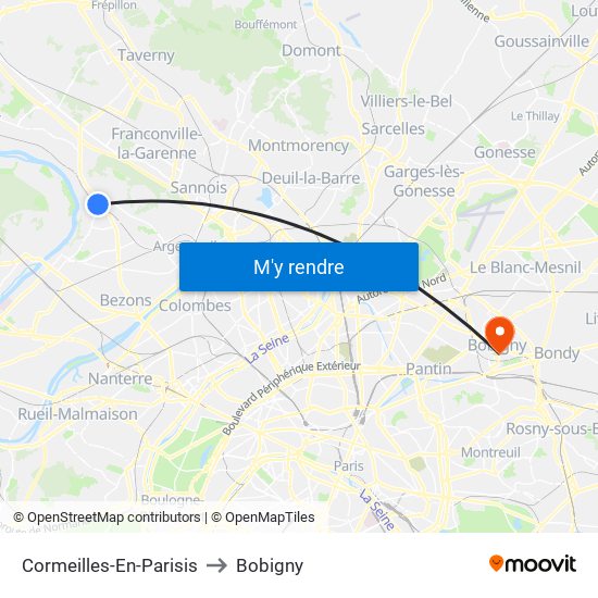 Cormeilles-En-Parisis to Bobigny map