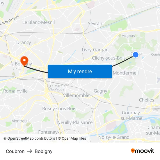 Coubron to Bobigny map