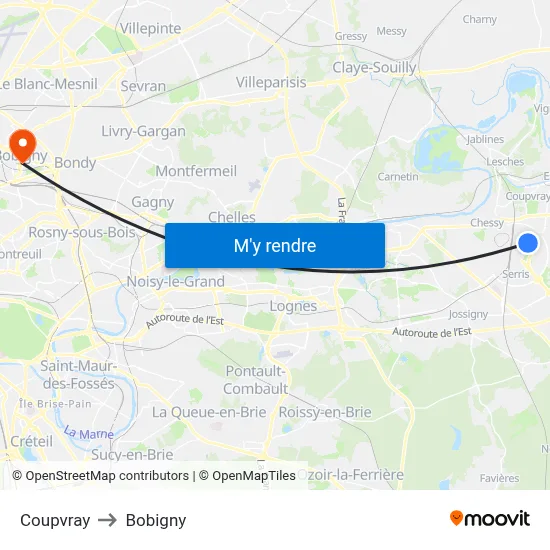 Coupvray to Bobigny map