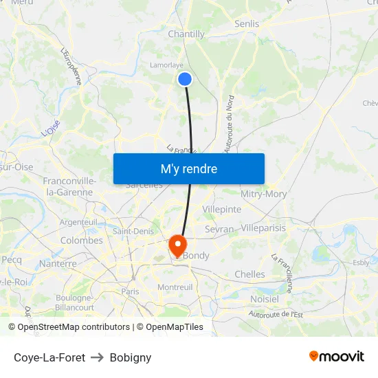 Coye-La-Foret to Bobigny map