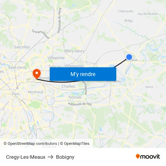 Cregy-Les-Meaux to Bobigny map