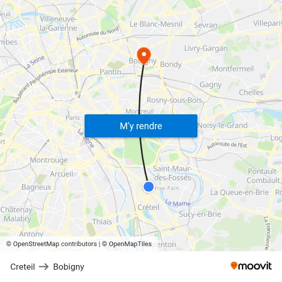 Creteil to Bobigny map