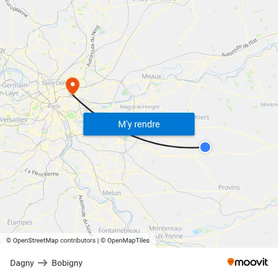 Dagny to Bobigny map