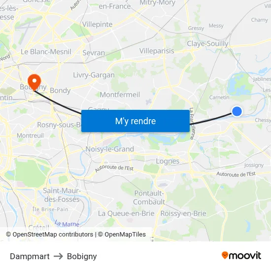 Dampmart to Bobigny map