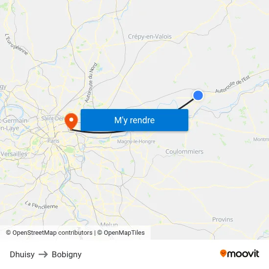 Dhuisy to Bobigny map