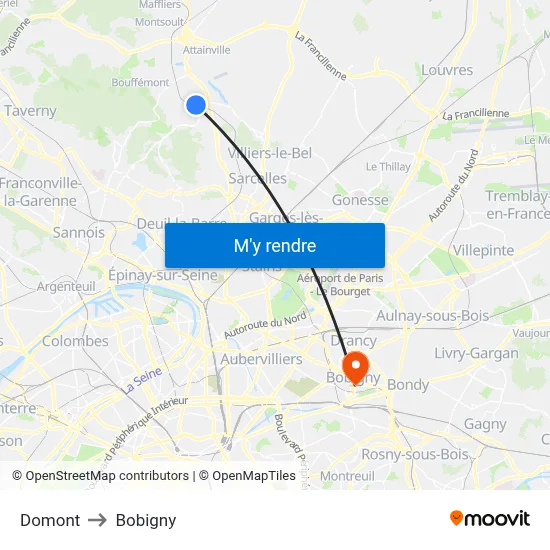 Domont to Bobigny map