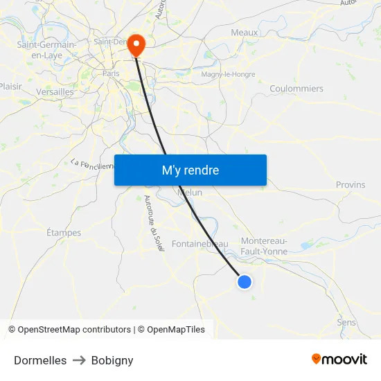Dormelles to Bobigny map