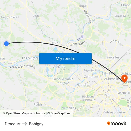 Drocourt to Bobigny map