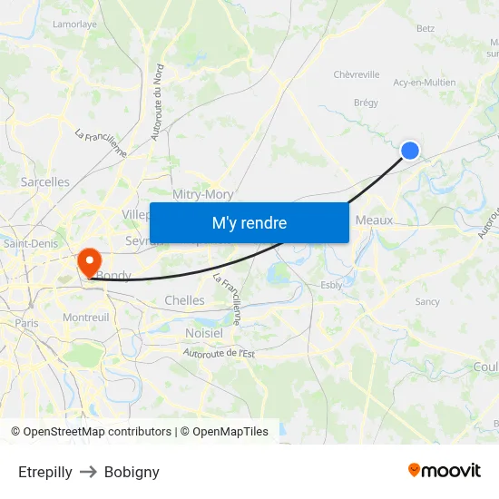 Etrepilly to Bobigny map