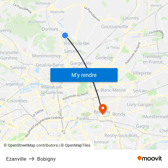 Ezanville to Bobigny map