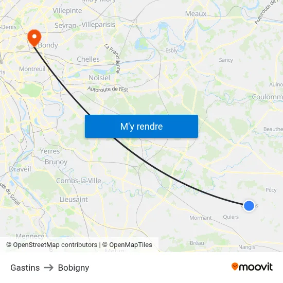 Gastins to Bobigny map