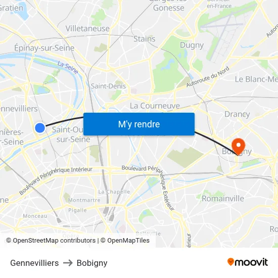 Gennevilliers to Bobigny map