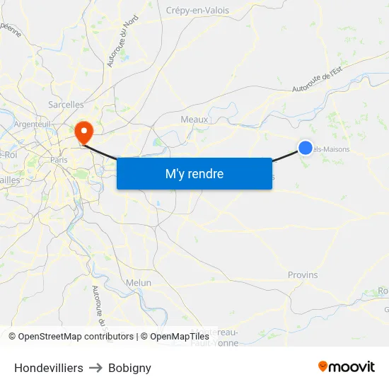 Hondevilliers to Bobigny map
