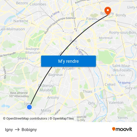 Igny to Bobigny map