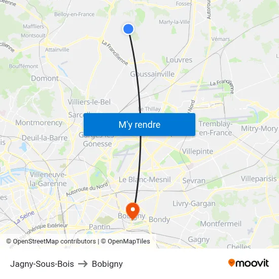 Jagny-Sous-Bois to Bobigny map