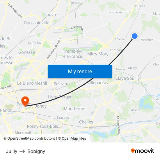 Juilly to Bobigny map