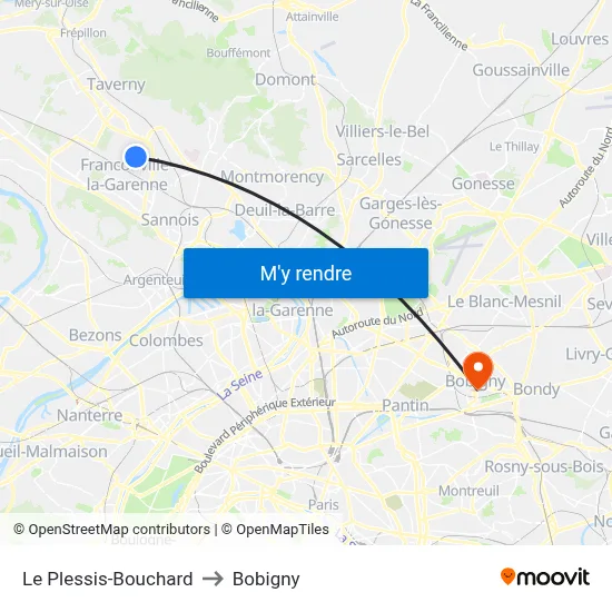 Le Plessis-Bouchard to Bobigny map