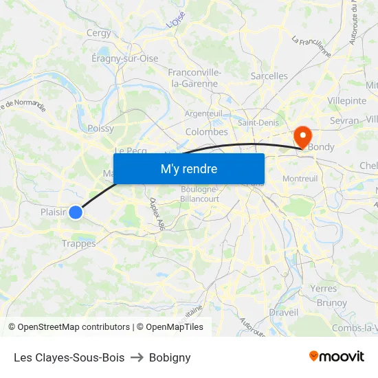 Les Clayes-Sous-Bois to Bobigny map