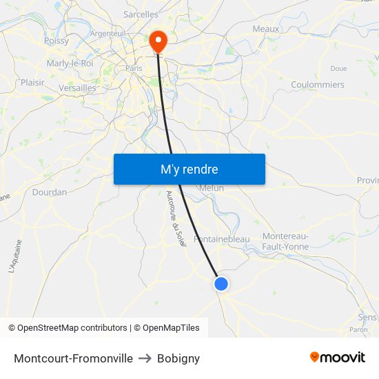 Montcourt-Fromonville to Bobigny map
