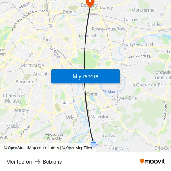 Montgeron to Bobigny map