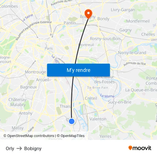 Orly to Bobigny map