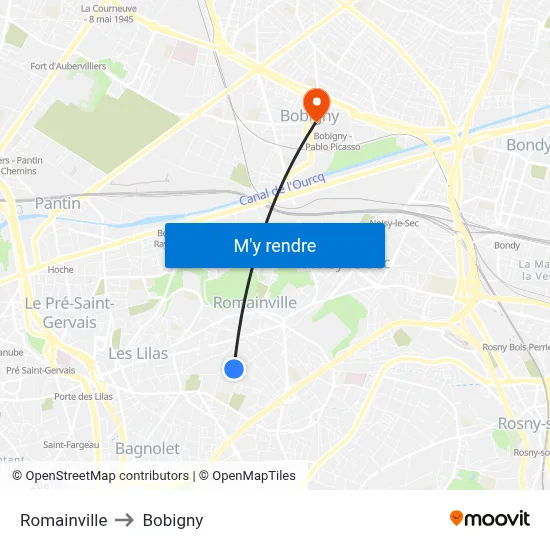 Romainville to Bobigny map