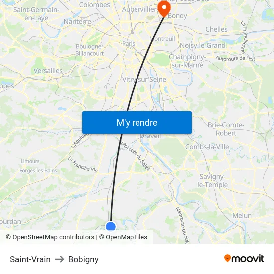 Saint-Vrain to Bobigny map