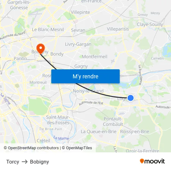 Torcy to Bobigny map