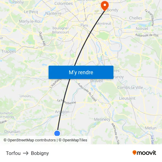 Torfou to Bobigny map