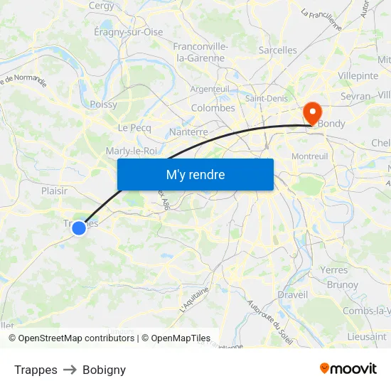 Trappes to Bobigny map