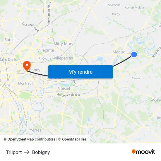 Trilport to Bobigny map