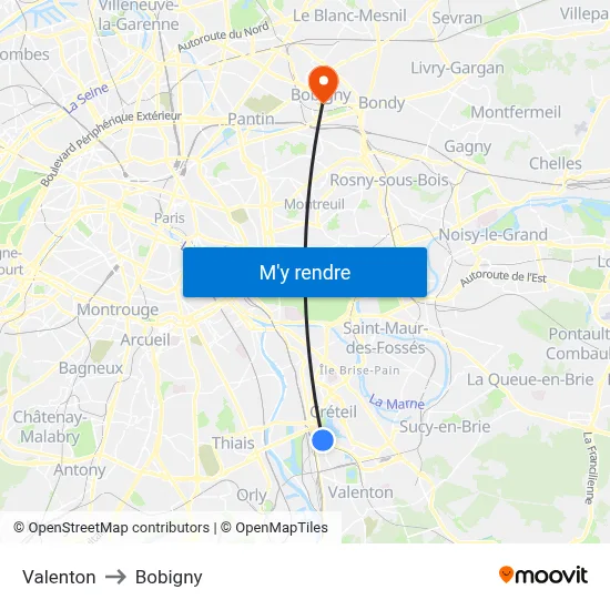 Valenton to Bobigny map