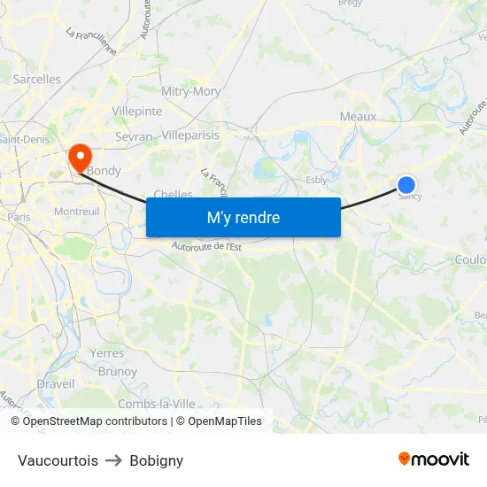 Vaucourtois to Bobigny map
