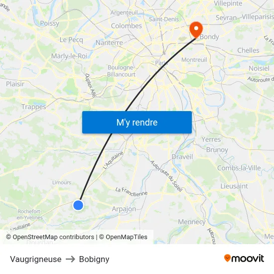Vaugrigneuse to Bobigny map