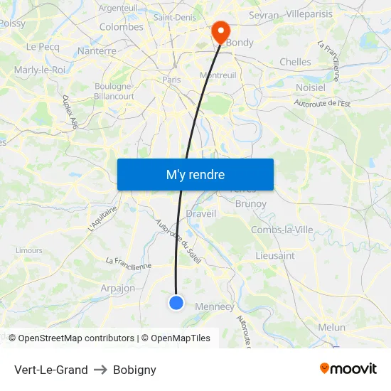 Vert-Le-Grand to Bobigny map