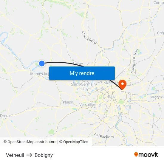 Vetheuil to Bobigny map