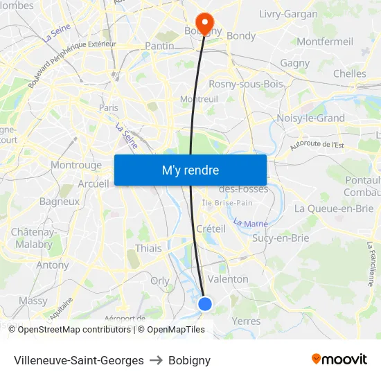 Villeneuve-Saint-Georges to Bobigny map