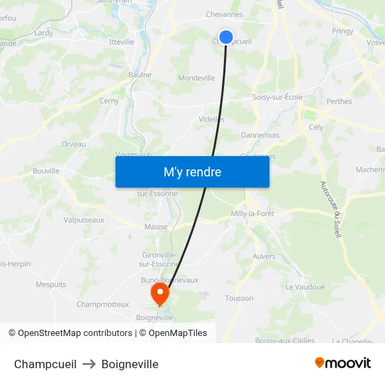 Champcueil to Boigneville map