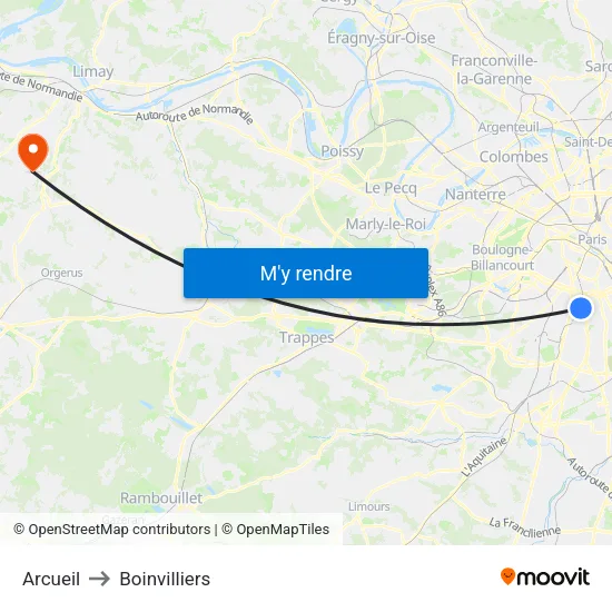Arcueil to Boinvilliers map