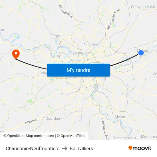 Chauconin-Neufmontiers to Boinvilliers map
