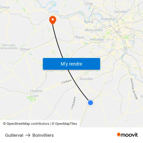 Guillerval to Boinvilliers map